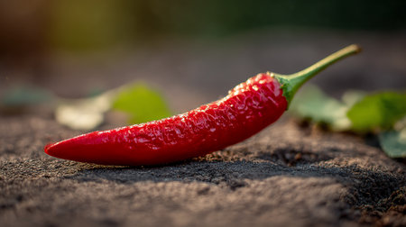 Vibrant red chili pepper resting on textured surface outdoors in soft lightの素材