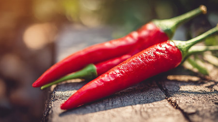Vibrant Red Chili Peppers Displayed on Rustic Wooden Surface in Natural Lightの素材