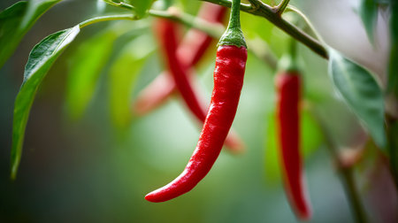 Vibrant Red Chili Peppers Growing on the Vine in Summer Gardenの素材