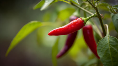 Ripe Red Chili Peppers Growing on the Vine in a Garden Settingの素材