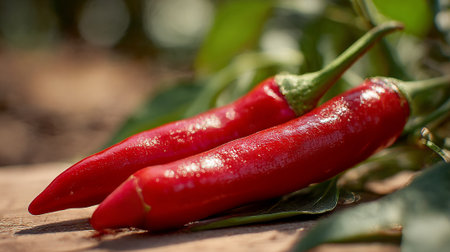 Two vibrant red chili peppers resting naturally amongst green leaves.の素材