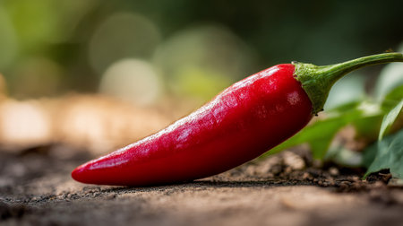 Vibrant red chili pepper on weathered wood creates rustic simplicityの素材