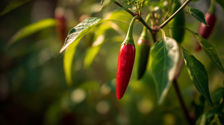 Vibrant Red Chili Pepper Growing on the Plant with Green Leavesの素材
