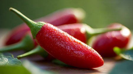 Vibrant red chili peppers with water droplets on a wooden surface.の素材