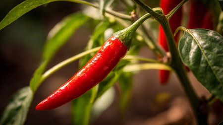 Ripe red chili pepper growing on the plant, ready for harvestの素材