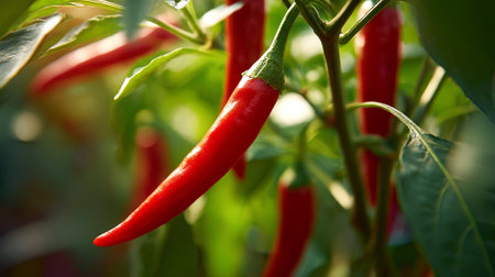 Vibrant red chili peppers hanging on the plant under sunlight shining brightly.の素材