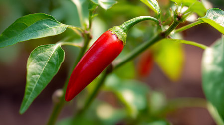 Vibrant Red Chili Pepper Growing on the Vine in Sunlightの素材