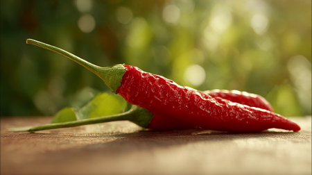 Fiery Red Hot Chili Peppers on Wooden Surface with Blurred Green Backgroundの素材