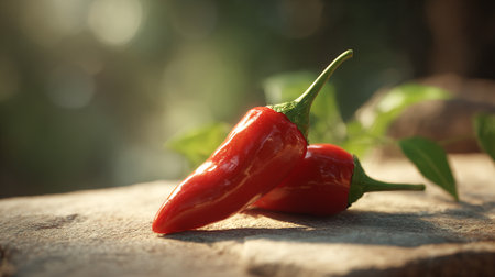 Two vibrant red chili peppers resting on a textured wooden surfaceの素材