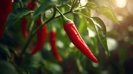 Vibrant Red Chili Peppers Growing in Natural Sunlight on the Vineの素材