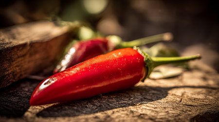 Fiery Red Chili Peppers Resting on Rustic Wooden Surface, Ready for Cookingの素材