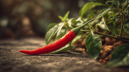 Vibrant Red Chili Pepper Displayed with Lush Greenery and Natural Lightの素材
