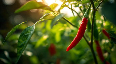 Red hot chili pepper growing in garden illuminated by golden sunlightの素材