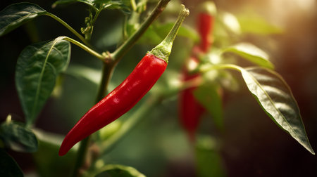 Vibrant Red Chili Pepper Growing on the Plant with Fresh Green Leavesの素材