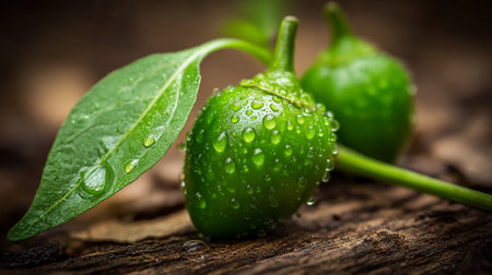 Fresh green peppers glistening with water droplets on rustic wooden surface.の素材