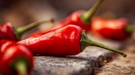Fiery Red Chillies: A Culinary Close-Up of Peppers on Rustic Woodの素材