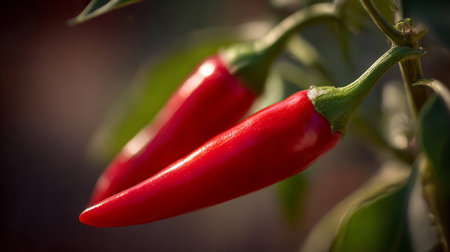 Vibrant red chili peppers growing in sunlight on the plant outdoors.の素材