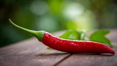 Fresh Red Chili Pepper Resting on a Rustic Wooden Surface in Natural Lightの素材