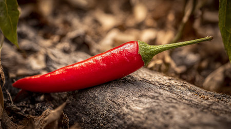 Fiery Red Chili Pepper Resting on Weathered Wood, Ready to Igniteの素材