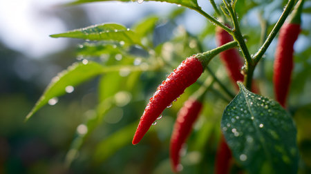 Fresh Red Chili Peppers Covered in Morning Dewdrops on a Vibrant Plantの素材
