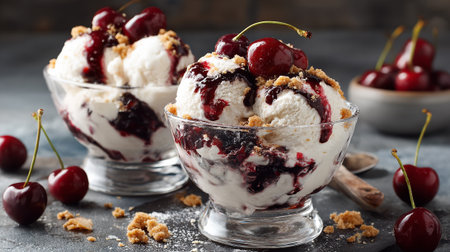 Delicious Cherry Sundaes with Crumbles and Dark Sauce Close Viewの素材
