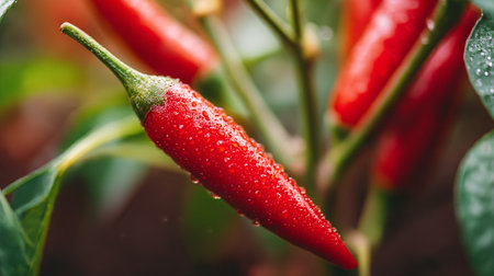 Vibrant Red Chili Pepper Adorned with Dew Drops in a Lush Gardenの素材