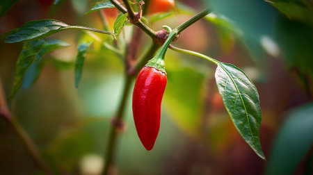 Vibrant Red Chili Pepper Growing on the Vine in a Gardenの素材