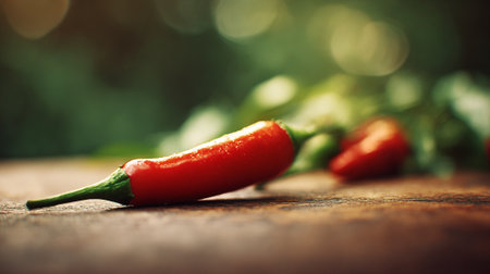A vibrant red chili pepper with dew drops rests elegantly on rustic woodの素材