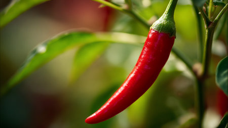 Vibrant Red Chili Pepper Growing on a Plant in Natural Lightの素材