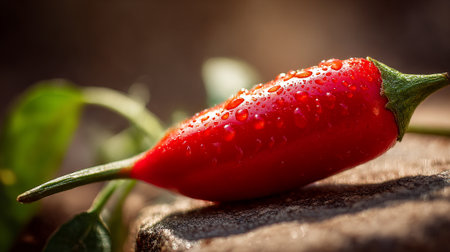 Vibrant red chili pepper glistening with droplets and nestled amidst green leaves.の素材