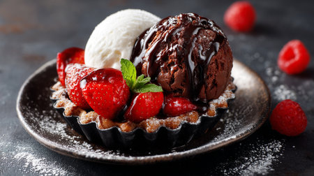 Delicious strawberry tart with ice cream and chocolate sauce drizzle.の素材
