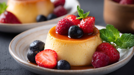 Delicious Caramel Flan Dessert with Fresh Berries and Mint Garnishの素材