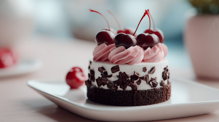 Delicious Cherry Chocolate Cake Delightfully Placed on an Elegant White Plateの素材