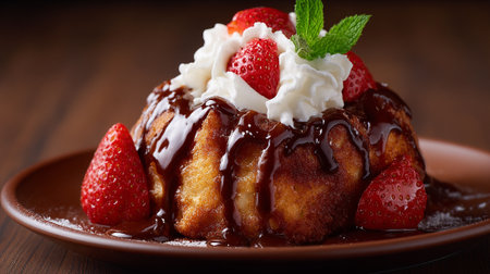 Decadent Dessert: Angel Food Cake with Strawberries and Chocolate Syrupの素材