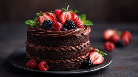 Delicious chocolate layer cake topped with mixed fresh berries on platterの素材