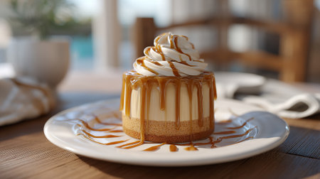 Delicious Caramel Cheesecake Temptation with Whipped Cream Topping on Outdoor Tableの素材