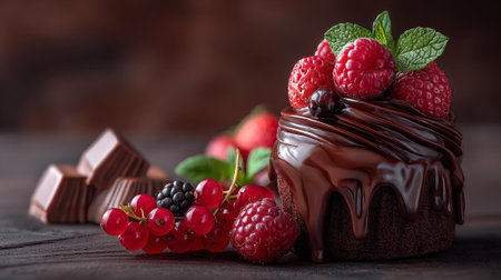 Decadent Chocolate Cake Topped with Fresh Berries and Mint Leavesの素材