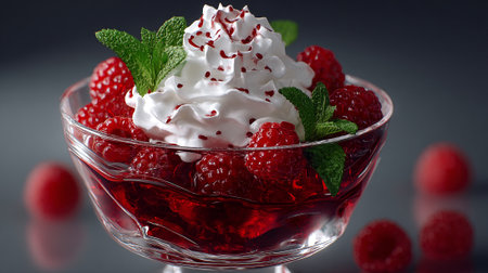 Raspberry Dessert Delight: Jello, Berries, and Creamy Topping in Glassの素材