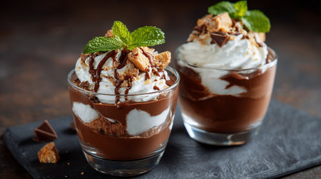 Sumptuous Chocolate Dessert Parfaits Topped with Mint in Elegant Glasswareの素材