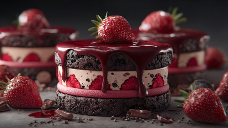 Delicious Strawberry Chocolate Cakes with Rich Drizzled Ganache and Fresh Berriesの素材