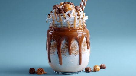Indulgent Caramel Milkshake in Glass Jar with Candy Toppingsの素材