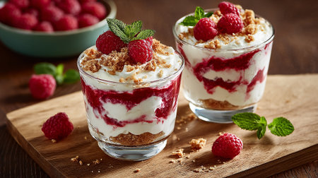 Delicious Raspberry Dessert Parfaits Topped with Crumble and Fresh Mintの素材