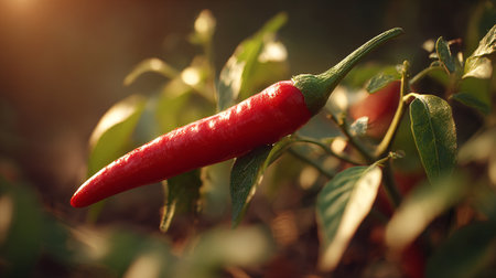 Vibrant Red Chili Pepper Growing on the Plant in the Gardenの素材