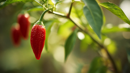 Vibrant red chili pepper growing on a branch with luscious green leaves.の素材