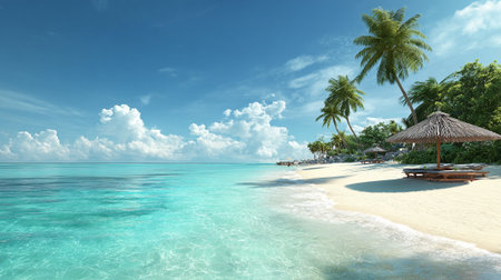 tropical beach with few palm trees and blue lagoon 3d renderの素材