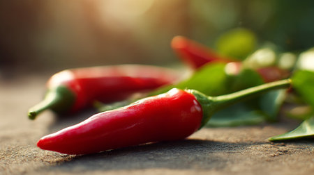 Fresh Red Chili Peppers on Rustic Wooden Surface with Natural Sunlightの素材