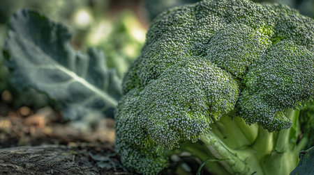 Fresh green broccoli in organic soil under natural sunlight ready for harvestの素材