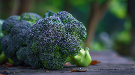 Fresh green broccoli head on rustic wooden surface outdoors photographの素材