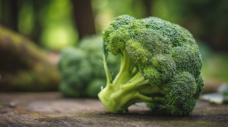 Fresh green broccoli florets displayed beautifully on a weathered wooden surface.の素材