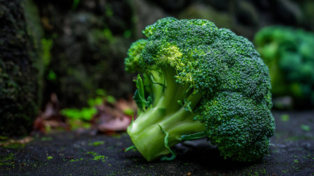 Fresh broccoli head showcasing organic texture and vibrant green color naturally.の素材